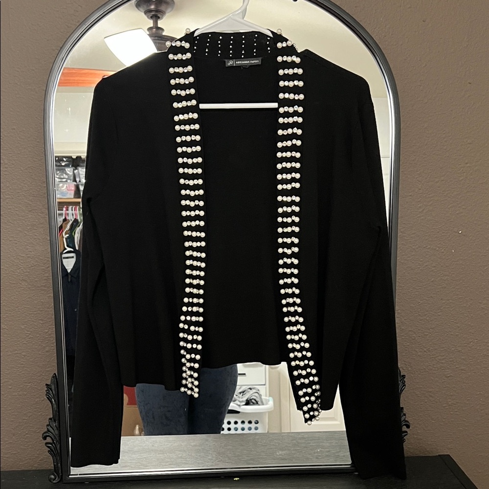 Adrianna Papell Black Cardigan with Pearl Trim